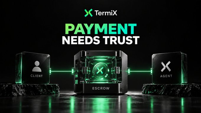 The image features TermiX branding and the text “PAYMENT NEEDS TRUST,” with “CLIENT” and “AGENT” blocks connected through a glowing green “ESCROW” mechanism, visually illustrating escrow as the solution to the trust problem described in the post.