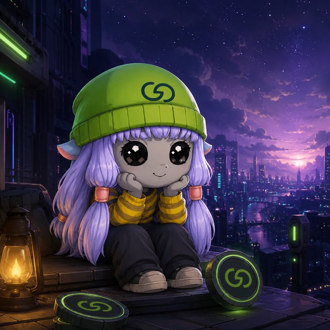 A cute chibi-style character with long lavender hair and a green beanie sits on a rooftop overlooking a cyberpunk cityscape at dusk, surrounded by glowing green "G" token symbols. The image playfully personifies the GRVT token (@grvt_io), with the character's cozy, contemplative pose mirroring the post's reflective tone about accepting a smaller initial float as a strategic move in a bear market.