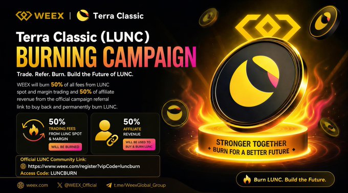 A promotional banner for WEEX x Terra Classic announces a 'LUNC BURNING CAMPAIGN' offering 50% trading fees and 50% affiliate revenue, with access code 'LUNC BURN' and the slogan 'STRONGER TOGETHER, BURN FOR A BETTER FUTURE.'