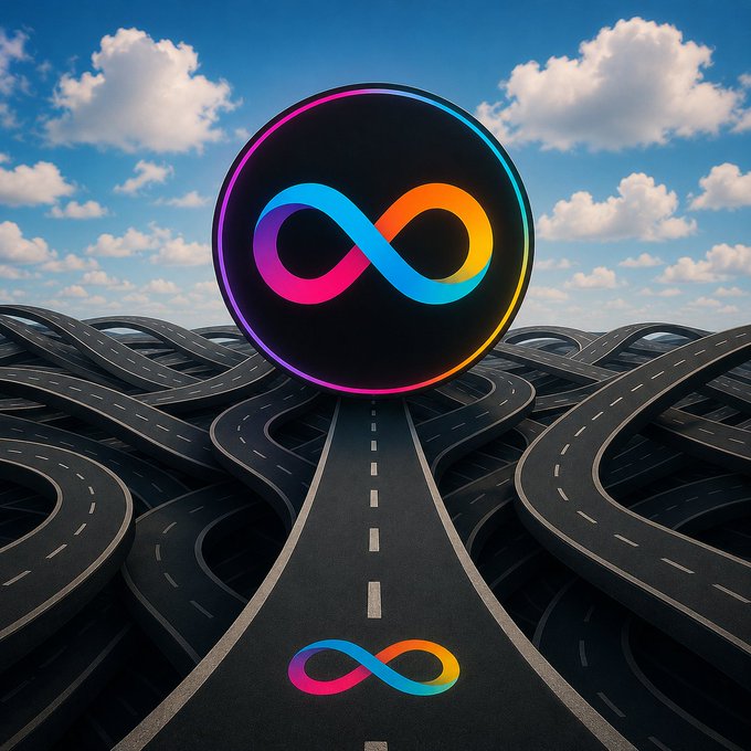 A central glowing infinity symbol in vibrant rainbow gradient colors hovers above a chaotic tangle of converging asphalt roads with lane markings, all funneling toward the symbol as their destination. The infinity logo is mirrored smaller on the main road's surface, reinforcing the "all roads lead to $ICP" theme of infinite convergence.