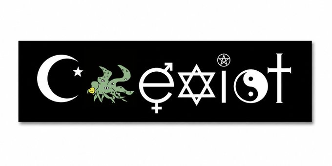 A black bumper sticker displays various symbols of different religions, including a crescent moon and star, a creature, gender symbols, a Star of David, a pentagram, a yin-yang, and a cross.