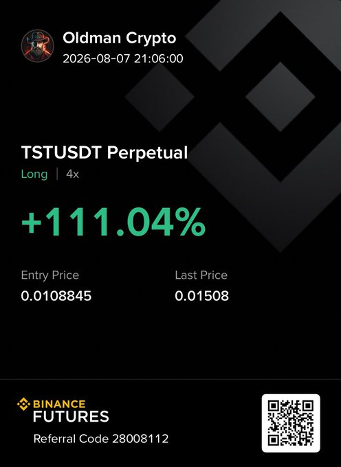 A Binance Futures trading card from "Oldman Crypto" showing a TSTUSDT Perpetual Long position (4x leverage) closed at +111.04%, with an entry price of 0.0108845 and last price of 0.01508, dated 2026-08-07 21:06:00, alongside a Binance referral code (28008112) and QR code—visually supporting the post's claim about profitable momentum on the low-cap $TST meme token.