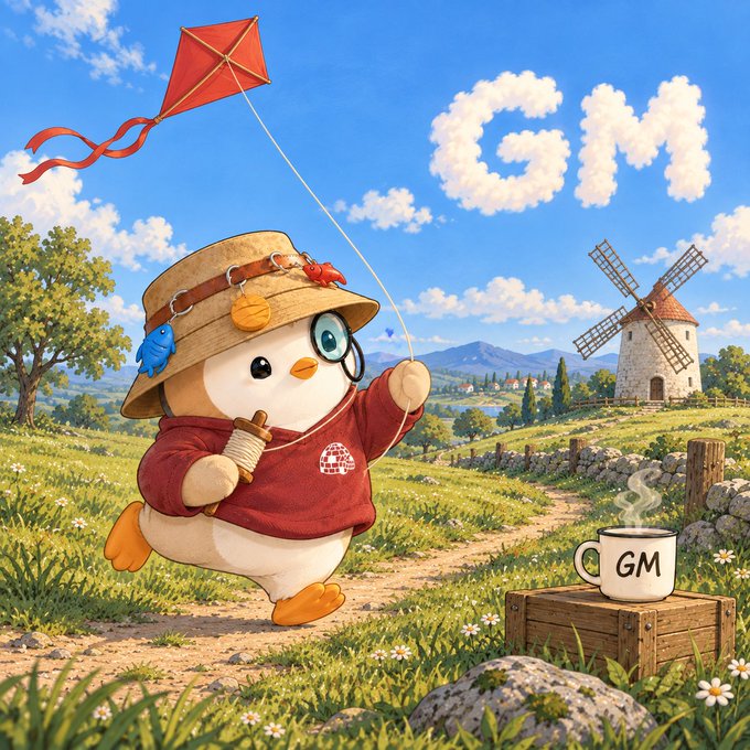 A charming penguin wearing a red hoodie and a straw hat adorned with fishing lures runs joyfully through a sunny countryside, flying a red kite that spells "GM" in the clouds, while a steaming mug labeled "GM" sits on a wooden crate nearby and an old windmill stands in the distance—playfully tying the "GM Everyone" greeting and excitement around Arc mainnet's launch into a whimsical, welcoming scene.