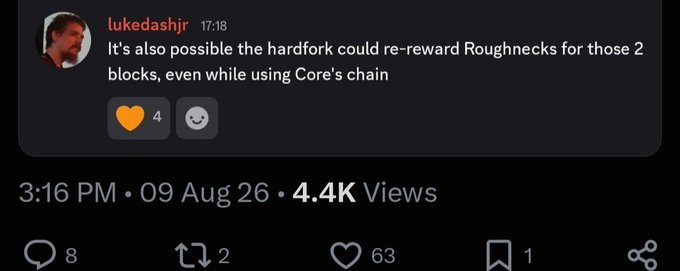 A Discord screenshot shows user "lukedashjr" suggesting a hardfork could re-reward "Roughnecks" for two blocks using Core's chain. The post relates by criticizing BIP-110 supporters, warning that forking Bitcoin to create a centralized altcoin has historically failed for projects like BCH and BSV.