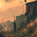 A digital artwork depicting a lone figure holding an umbrella walking through a hazy, sepia-toned urban environment with dilapidated structures in the background.