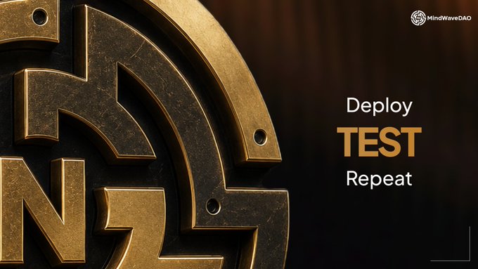 A promotional graphic for MindWaveDAO featuring a metallic emblem on the left with the text 'Deploy TEST Repeat' displayed on the right.
