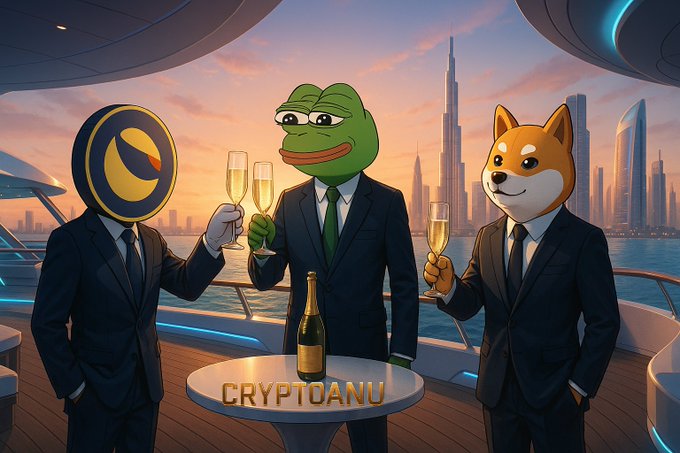 A cartoon illustration shows three characters—a Terra/Luna logo, Pepe the Frog, and a Shiba Inu—wearing suits and toasting with champagne on a yacht, labeled "CRYPTOANU" with the Dubai skyline in the background.