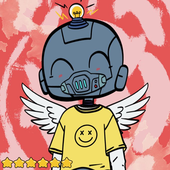 A cartoon robot angel with white wings and a glowing lightbulb on its head wears a yellow smiley-face t-shirt, set against a swirling red and pink background, with six gold stars displayed in the bottom left corner to hype the upcoming 5-day countdown to the @pko_nft drop.
