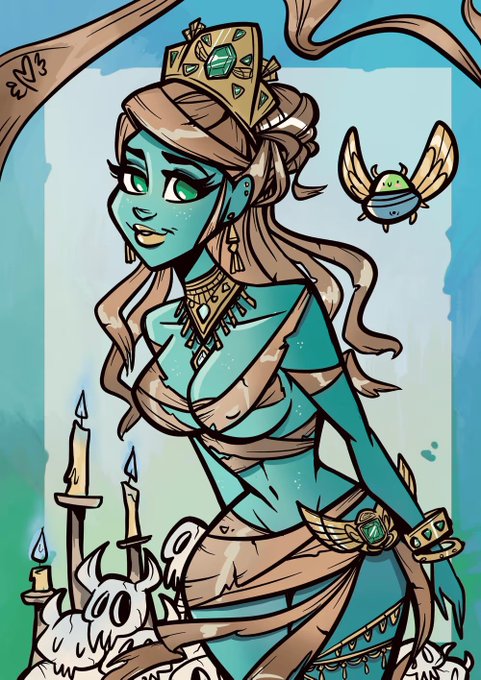 A digital drawing of a teal-skinned female fantasy character with brown hair, wearing a gold crown and jewelry, surrounded by candles, bones, and a small flying green creature.