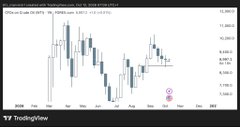 A TradingView candlestick chart displays price action data with a visible value of 12.018 on the y-axis.