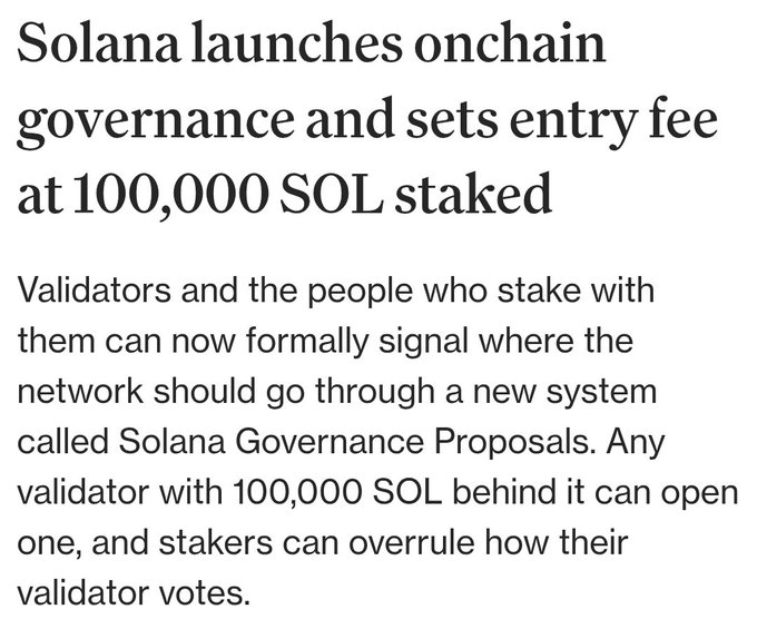 News headline: 'Solana launches onchain governance and sets entry fee at 100,000 SOL staked' with a subheadline explaining the new Solana Governance Proposals system for validators and stakers.