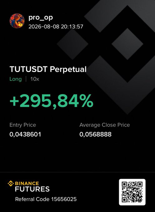 A trading screenshot showing a TUTUSDT Perpetual Long position with 10x leverage and a +295.84% return, with entry price 0.0438601 and average close 0.0568888, dated 2026-08-08 by user pro_op, featuring a Binance Futures referral code.
