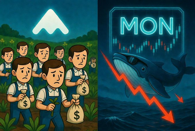 A split illustration showing cartoon men with money bags looking sad under a logo on the left, and a whale with a downward red arrow beneath a 'MON' chart on the right, depicting a bearish memecoin market.