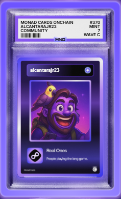 A graded mint community MONAD CARDS ONCHAIN collectible card #370 of 'alcantarajr23' featuring a purple monkey with a yellow bird, labeled 'Real Ones' and graded Wave C.