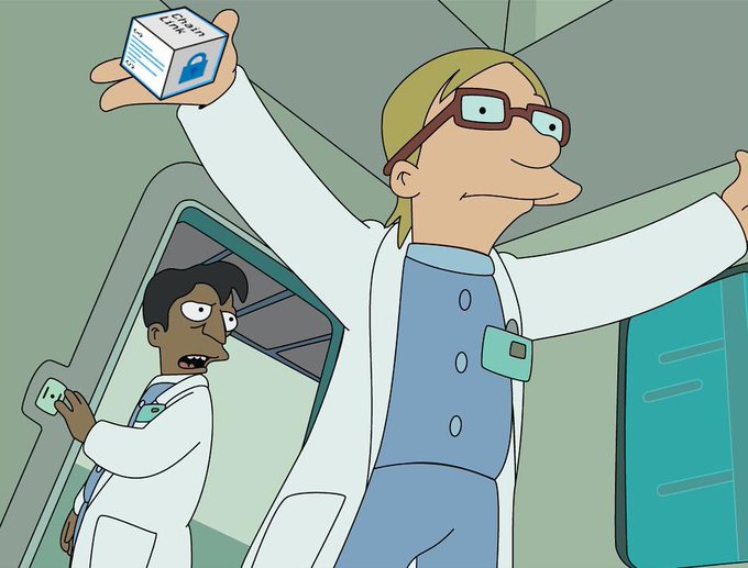 An image from the animated show Futurama showing a scientist in a lab coat triumphantly holding up a 'Chain Lock' box with an unlock icon, while another colleague looks on in horror holding a similar device.
