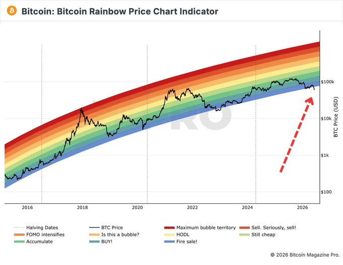 The Bitcoin Rainbow Price Chart Indicator shows the BTC price ranging from $100 to $100k, with a dashed red arrow indicating a projected upward trend from its 2023 bear market bottom position. This chart illustrates Bitcoin's historical price movements within a colored spectrum representing different investment phases.
