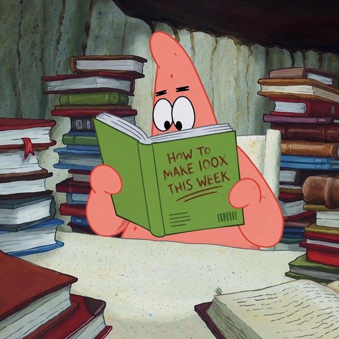 Patrick Star from SpongeBob SquarePants sitting amid stacks of books reading a green book titled 'HOW TO MAKE 100X THIS WEEK'.