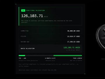 A dark-themed dashboard displaying a USDC Allocation balance of 126,103.71 with a green "EARN FINAL ALLOCATION" button and details on APY and Chain Limit.