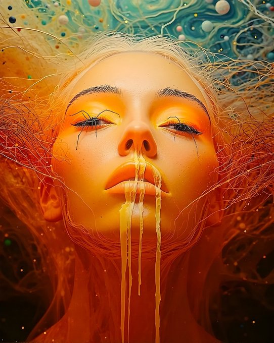A surreal, vibrant close-up of a serene woman's face with closed eyes, from whose mouth streams a glowing orange substance that drips downward like lava, surrounded by a chaotic swirl of tendrils and floating orbs.