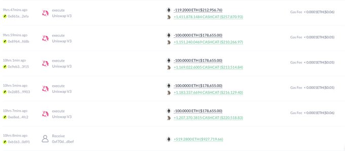 A screenshot of blockchain transaction history showing multiple Uniswap V3 executions involving ETH and CASHCAT tokens, with gas fees listed in ETH.