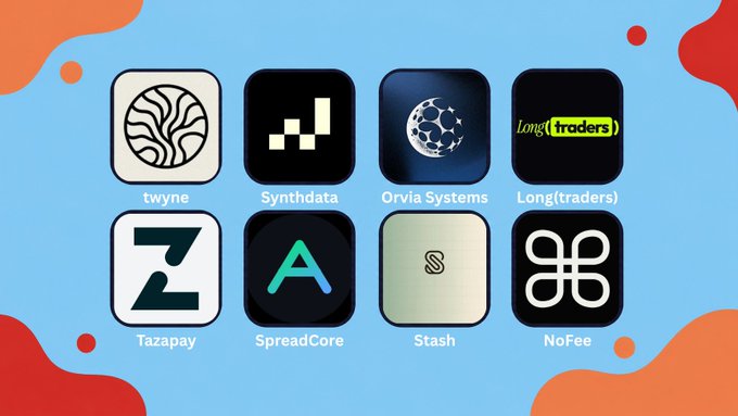 A grid of eight app icons for fintech and crypto companies is shown, labeled 'twyne', 'Synthdata', 'Orvia Systems', 'Long(traders)', 'Tazapay', 'SpreadCore', 'Stash', and 'NoFee', set against a blue and orange background.