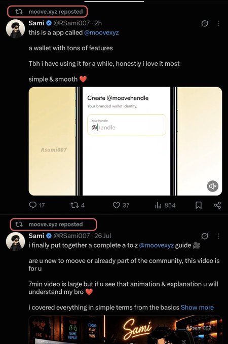 A Twitter/X screenshot shows two reposted tweets by Sami (@RSami007) promoting the app @moovexyz as a wallet app with tons of features.