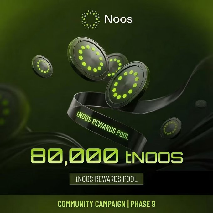 A promotional graphic for the Noos Community Campaign Phase 9 features floating dark tokens with green dotted patterns and a banner reading "tNOOS REWARDS POOL," highlighting the 80,000 tNOOS prize pool available to participants who complete campaign tasks between August 3–9.