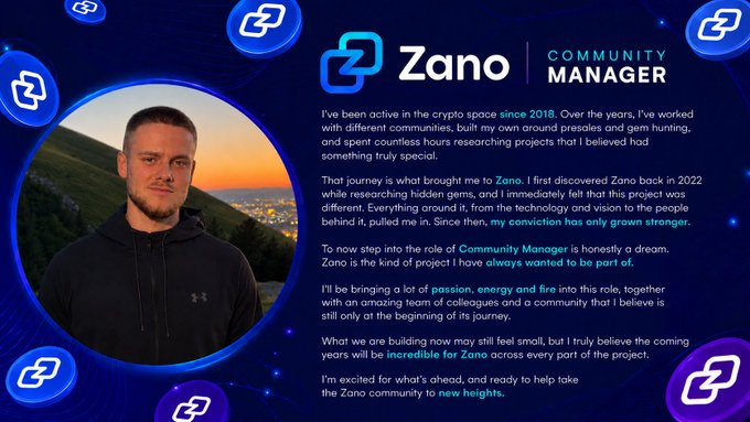The image is a community manager announcement graphic featuring Gino alongside the Zano logo and his written statement about joining the Zano team as Community Manager.