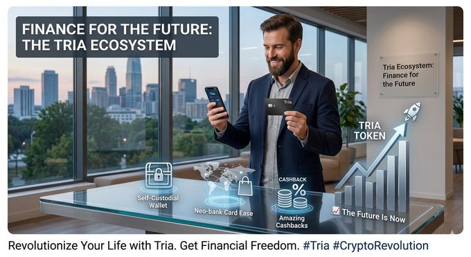 The image features a man standing at a desk, holding up his phone with a credit card attached to it. The background of the image shows a city skyline, indicating that they are likely indoors or in an urban setting. The main focus of the image is on the man and his interaction with his phone, which has a credit card attached to it.