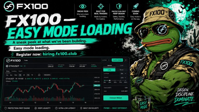 A promotional graphic for 'FX100' advertises 'EASY MODE LOADING' with a cartoon frog character wearing tactical gear and sunglasses, alongside a cryptocurrency trading interface for ETH/USDT.