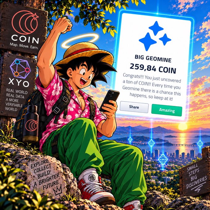 An anime-style illustration featuring a character in a straw hat and pink floral shirt celebrating on a hilltop with a city view. A 'Big Geomine' notification shows '259,84 COIN' and 'Congrats!!! You just uncovered a ton of COIN!!' with Share and Amazing buttons. COIN and XYO crypto logos appear on the left.