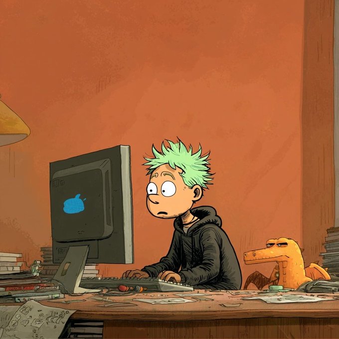 An animated illustration depicts a green-haired character looking at a computer monitor with a surprised expression, while a small orange dinosaur sits nearby on a cluttered desk.