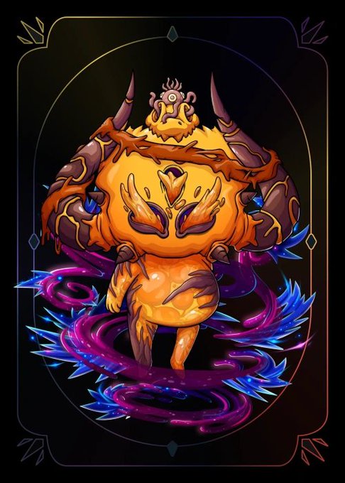 A vibrant tarot-style card depicts an orange, horned creature with a large golden shell on its back, surrounded by swirling purple and blue energy. This appears to be a "Kodamara" creature collectible associated with the Otherside NFT project, fitting the post about collecting these digital assets.