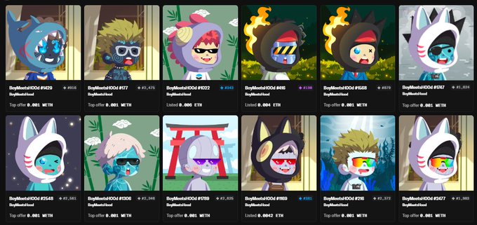 A grid of cartoon NFT avatars from the 'BoyMentalDOAI' collection, featuring various characters in animal-themed costumes.