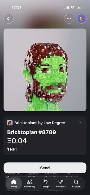 A screenshot of an NFT marketplace app showing 'Bricktopian #8789' by Law Degree, priced at 'Ξ0.04', featuring a pixelated green and red 3D humanoid figure.