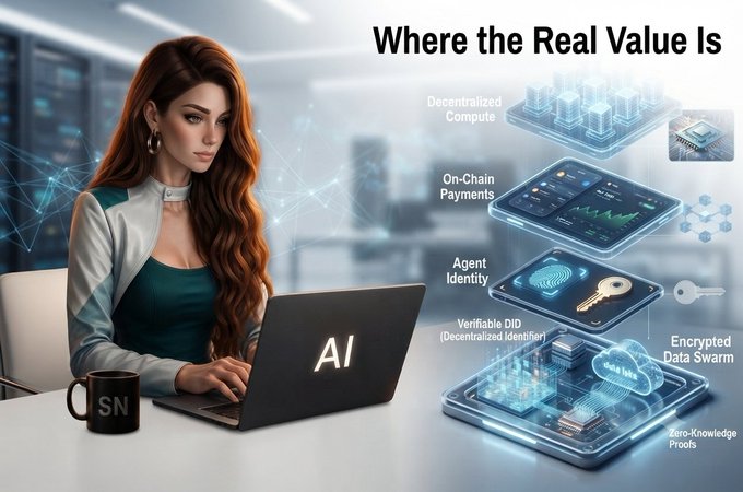 An AI-themed graphic showing a woman working on a laptop labeled 'AI', with floating tech elements labeled 'Decentralized Compute', 'On-Chain Payments', 'Agent Identity', 'Verifiable DID', and 'Encrypted Data Swarm', under the heading 'Where the Real Value Is'.