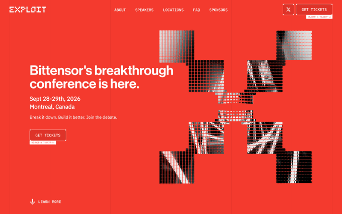 The image shows the Exploit Summit website featuring a red background with the headline "Bittensor's breakthrough conference is here" scheduled for Sept 28-29th, 2026 in Montreal, Canada, alongside an abstract geometric design of fragmented squares. The post highlights how this event will bring together Bittensor's builders, miners, validators, and researchers to discuss what's broken, what's working, and unsolved challenges—aligning with the conference's tagline "Break it down. Build it better. Join the debate."