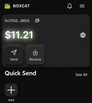 The image shows the NOXCAT app interface displaying a wallet balance of $11.21 with Send and Receive buttons, aligning with the post's promotion of NOXCAT's beta launch where users can earn $1.7 (5 $NOX) by creating a wallet and inviting 2 users.