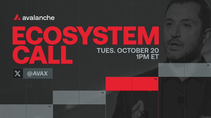 A promotional graphic for an Avalanche Ecosystem Call scheduled for Tuesday, October 20 at 1PM ET, featuring a person speaking and the @AVAX X handle.