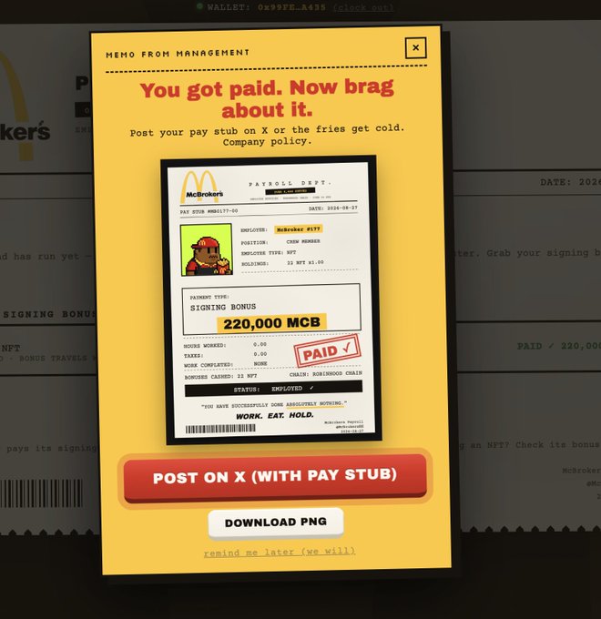 A digital interface screen for a "McBrokers" crypto payroll system displays a memo saying "You got paid. Now brag about it." alongside a pay stub showing a "SIGNING BONUS" of "220,000 MCB" and a button to "POST ON X (WITH PAY STUB)".