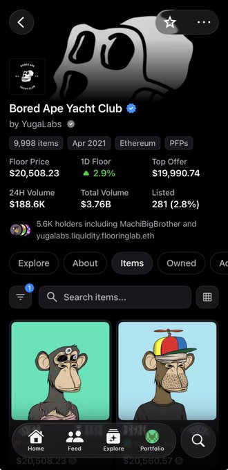 An OpenSea NFT collection page for 'Bored Ape Yacht Club' by YugaLabs showing a floor price of $20,508.23, 24H volume of $188.6K, and featuring two cartoon ape avatars.
