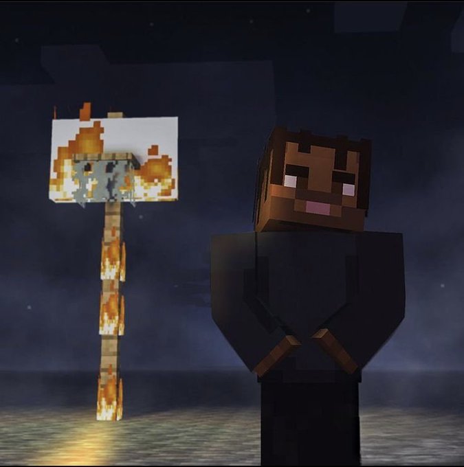 A Minecraft scene at night showing a blocky character standing next to a torch against a dark sky background.