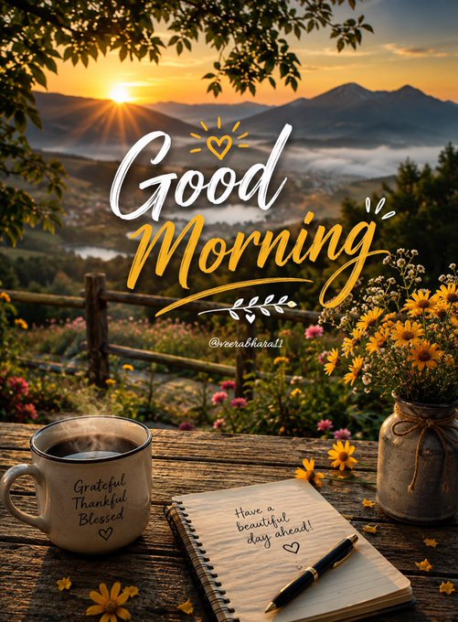 A 'Good Morning' greeting image with a mountain sunrise backdrop, a coffee mug labeled 'Grateful Thankful Blessed', and a notebook reading 'Have a beautiful day ahead!', credited to @verabhadxal.