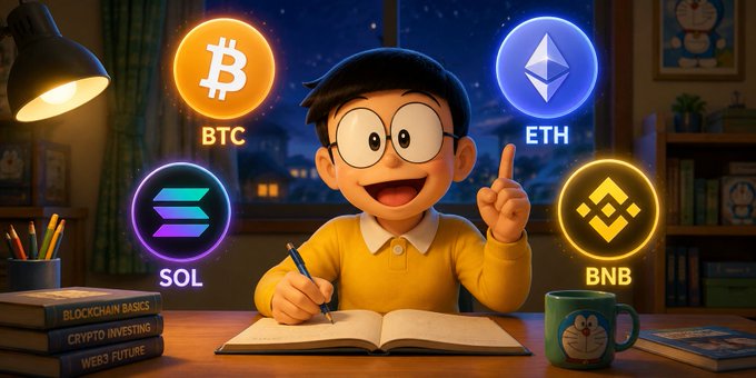 A cartoon boy with glasses sitting at a desk writing in a notebook, surrounded by glowing cryptocurrency logos for BTC, ETH, SOL, and BNB, with books labeled 'BLOCKCHAIN BASICS', 'CRYPTO INVESTING', and 'WEB3 FUTURE'.