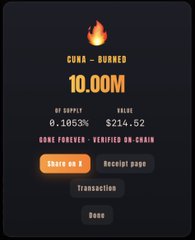 A digital receipt showing 'GONE - BURNED' with '10.00M', 'OF SUPPLY 0.1953%', 'VALUE $214.52', 'GONE FOREVER - VERIFIED ON-CHAIN', and buttons for 'claim via d', 'Receipt page', and 'Done'.