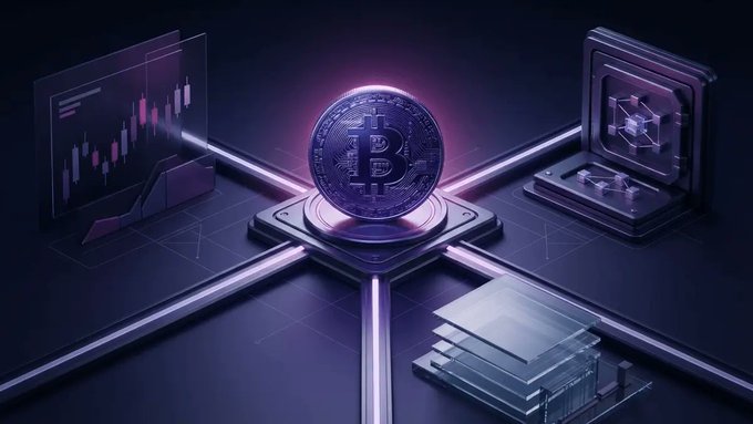 A 3D rendering of a Bitcoin coin resting on an illuminated platform, surrounded by a trading chart display, a computer screen with network diagrams, and stacked servers.