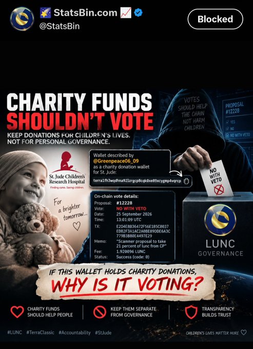 A 'StatsBin' social media graphic titled 'CHARITY FUNDS SHOULDN'T VOTE' showing blockchain wallet evidence and questioning a LUNC governance proposal that affects St. Jude donations, with hashtags #LUNC, #TerraClassic, #Accountability, and #StJude.