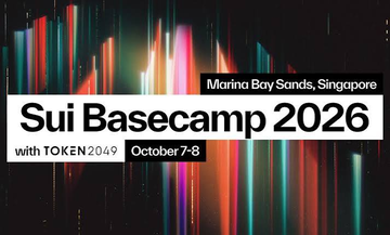Promotional banner for Sui Basecamp 2026, taking place October 7-8 at Marina Bay Sands, Singapore, with Token 2049. The image appears unrelated to the accompanying post, which is a referral link for Trade on Hudi—a separate crypto platform promotion.