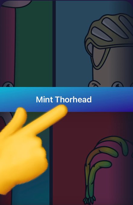 A pointing hand emoji highlights 'Mint Thorhead' label in what appears to be an Among Us-style character selection screen.