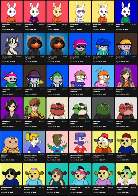 A grid of NFT profile cards from the "Fiendz" collection, featuring colorful cartoon animal characters (rabbits, cats, dogs, bears, frogs, etc.) each marked with "Top offer XX.XX $APE," illustrating recent acquisitions made on @ApeChainHUB for the Fiendz community.